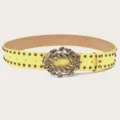 Yellow women's vintage rhinestone leather belt with ornate metal buckle and metal studs. - Black With Rivets / Yellow