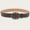 Retro rhinestone decorative waist belt with metal rivets, vintage style brown leather strap for women. - Coffee