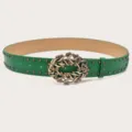 Green women vintage rhinestone studded belt elegant leather waist belt for pants dress - Black With Rivets / Green