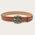 Cintura in pelle marrone con borchie metalliche e fibbia floreale a farfalla vintage. - Cammello (Rivetti Neri)