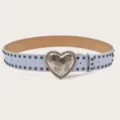 Light blue leather studded belt with large metallic floral heart buckle for women and girls - Length 105cm Width 3.8cm / Light Blue