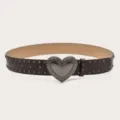 Dark brown PU leather belt featuring a vintage silver heart buckle and metal studs. - 105cm / Coffee
