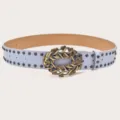 Women vintage light blue leather belt with rhinestone floral buckle and double studs. - Black With Rivets / Light Blue