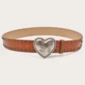 Brown studded leather belt for women with a vintage silver floral heart buckle accessory. - Length 105cm Width 3.8cm / Camel