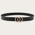 Women black leather belt with pearl double ring buckle versatile fashion accessory for dresses - Black