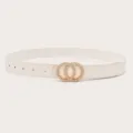 White leather belt for women featuring a chic pearl-embellished double circle buckle design. - White