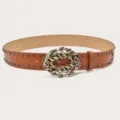 Retro brown leather women belt with vintage rhinestone buckle and metal studs decoration chic. - Black With Rivets / Camel