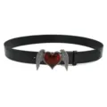 Gothic punk black leather belt with metal winged red heart buckle Y2K style streetwear accessory - Heart Wings / Black