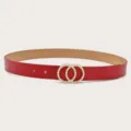 Women red leather belt with pearl double circle buckle fashionable dress jean accessory - Red