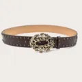 Women vintage brown leather belt with rhinestones and metal studs decorative piece. - Black With Rivets / Coffee