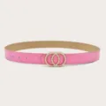 Pink leather belt for women featuring a stylish double circle pearl buckle, versatile for jeans and dresses. - Pink