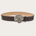 Ceinture en cuir marron style punk avec une boucle rose en métal rétro et clous. - Café