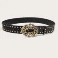 Black women's rhinestone belt, vintage gold buckle with chic metal studs for daily wear. - Gold Rivets / Black