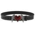 Punk gothic leather belt with red heart wings buckle and metal studs for Y2K style. - Heart Wing Rivet / Black