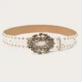 Women's white leather belt featuring vintage rhinestone metal buckle and golden studs accessory - Gold Rivets / White
