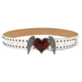 Punk Y2K Women White Leather Belt with Metal Rivets and Red Heart Angel Wings Buckle - Heart Wing Rivet / White