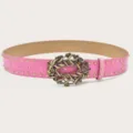Pink vintage rhinestone studded women's belt featuring a stunning ornate bronze buckle. - Gold Rivets / Pink