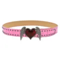 Pink leather belt for women, featuring metal studs and a striking red heart wing buckle design. - Heart Wing Rivet / Pink