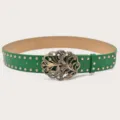 Cintura in pelle verde con borchie in metallo dorato e fibbia a farfalla vintage. - Verde (Rivetti Dorati)