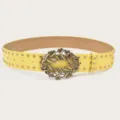 Stylish yellow PU leather women belt featuring vintage rhinestone buckle and studs variant style. - Gold Rivets / Yellow