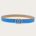 Blue women leather belt featuring stylish pearl double circle buckle for jeans dress. - Blue