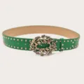 Green women's belt featuring vintage rhinestone ornate buckle and stylish gold stud details. - Gold Rivets / Green