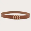 Brown leather belt with pearl double circle buckle, elegant waist accessory for jeans. - Camel
