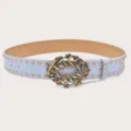 Women's vintage rhinestone waist belt light blue leather strap with ornate bronze buckle - Gold Rivets / Light Blue