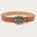 Elegante cintura in pelle marrone con borchie e fibbia a farfalla vintage con strass. - Cammello (Rivetti Dorati)