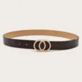 Black leather women belt with stylish pearl studded double ring buckle for dresses jeans. - Coffee