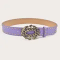 Purple women belt with rhinestone buckle and gold studs, stylish fashion accessory. - Gold Rivets / Purple