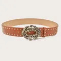 Brown rhinestone studded women belt vintage style PU leather decorative fashion waist belt - Gold Rivets / Camel