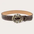 Brown vintage rhinestone studded leather belt for women chic decorative waist belt style - Gold Rivets / Coffee