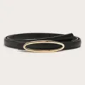 Women black thin belt detail, stylish gold oval buckle accessory for vintage jeans and pants. - Width 1.3cm, Length 105cm / Black