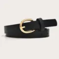 Minimalist black leather belt with gold buckle close-up, chic accessory for jeans and pants. - Black (Gold Buckle)