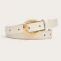 White leather belt detail showcasing the elegant gold horseshoe buckle and clean stitching. - White (Gold Buckle)
