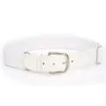 White elastic sports belt with silver buckle and adjustable slider for baseball pants. - White