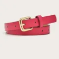 Women's pink leather belt detail showing the golden square pin buckle and clean stitching. - Rose Red (Gold Clasp)