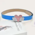 Trendy rhinestone heart wings blue leather belt Y2K fashion jeans skirt waist accessory - Blue / Length 105cm Width 2.8cm