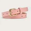 Pink leather belt detail view featuring a gold pin buckle, minimalist women accessory. - Pink (Gold Buckle)