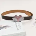 Rhinestone heart angel wings belt detail view, dark brown leather strap, Y2K fashion item. - Coffee / Length 105cm Width 2.8cm