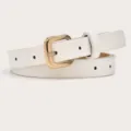 Close up shot of a stylish white leather belt showing the golden metal pin buckle. - White (Gold Buckle)
