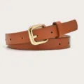 Detailed close-up view of a brown leather women belt featuring a polished gold pin buckle. - Khaki (Gold Buckle)