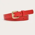Red leather women belt with gold square pin buckle versatile fashion clothing accessory - Red (Gold Buckle)