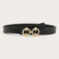 Women black leather belt with gold double ring buckle, stylish casual waist accessory. - Black
