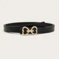 Black women leather belt with stylish gold double heart buckle, chic variant for daily wear. - Black