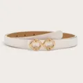 White leather women belt with stylish gold double circle buckle for dresses and jeans daily wear. - White