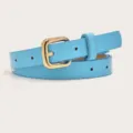 Blue women's leather belt with gold pin buckle, simple stylish accessory for daily outfits. - Light Blue (Gold Clasp)