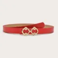 Women's red fashion waist belt with gold double ring buckle, versatile style for jeans. - Red