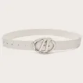 White leather belt with silver tone artistic oval letter A buckle trendy fashion accessory - White